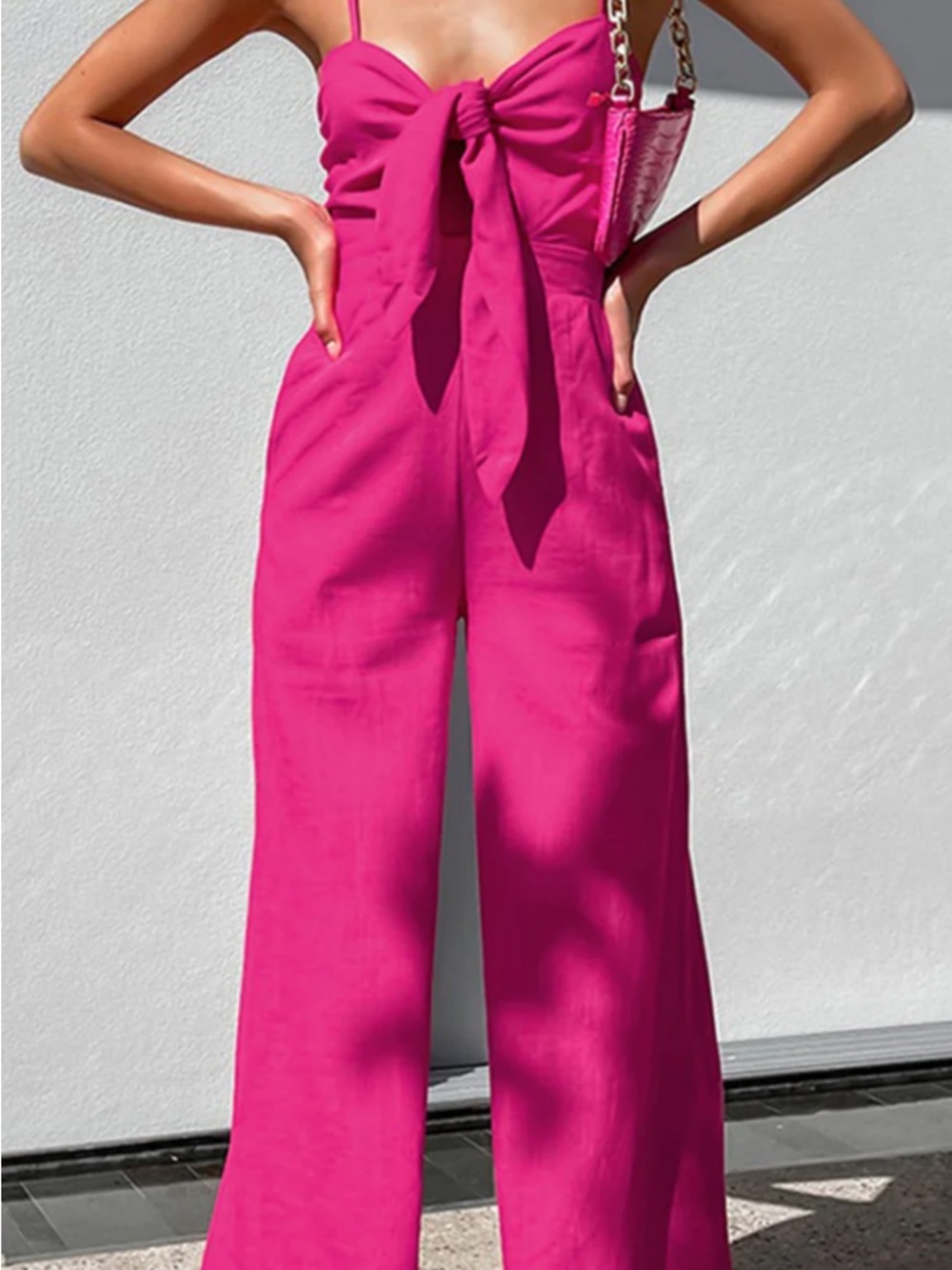 Commense 100% cotton Fuchsia Tie-Front Spaghetti Strap Jumpsuit